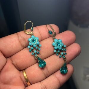 Michal Negrin Turquoise Floral & Teal Crystal Leverback Dangle Earrings